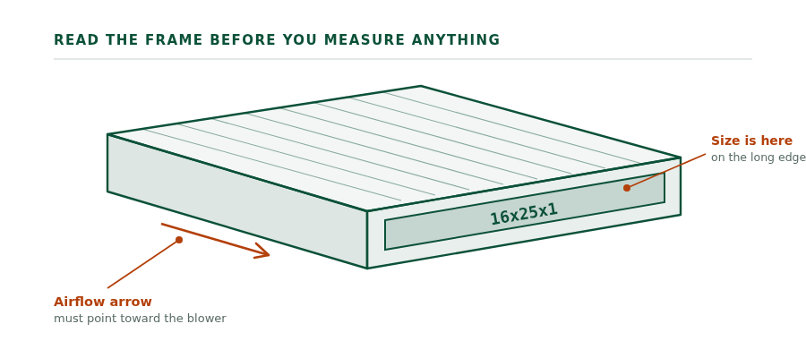 Diagram of a pleated air filter showing the nominal size printed on the long cardboard edge and the airflow arrow on the side of the frame